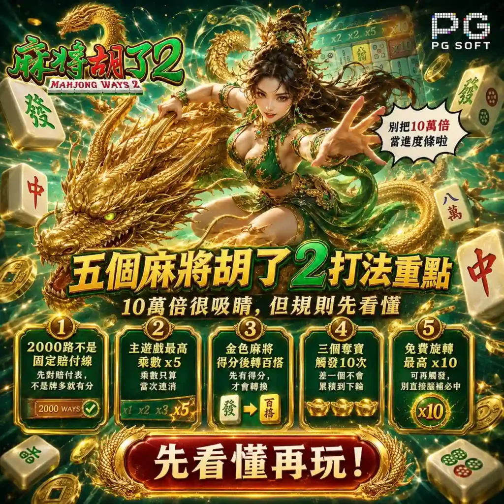 PG麻將胡了2玩法五大重點，整理2000路、主遊戲倍率、金色麻將與免費旋轉機制